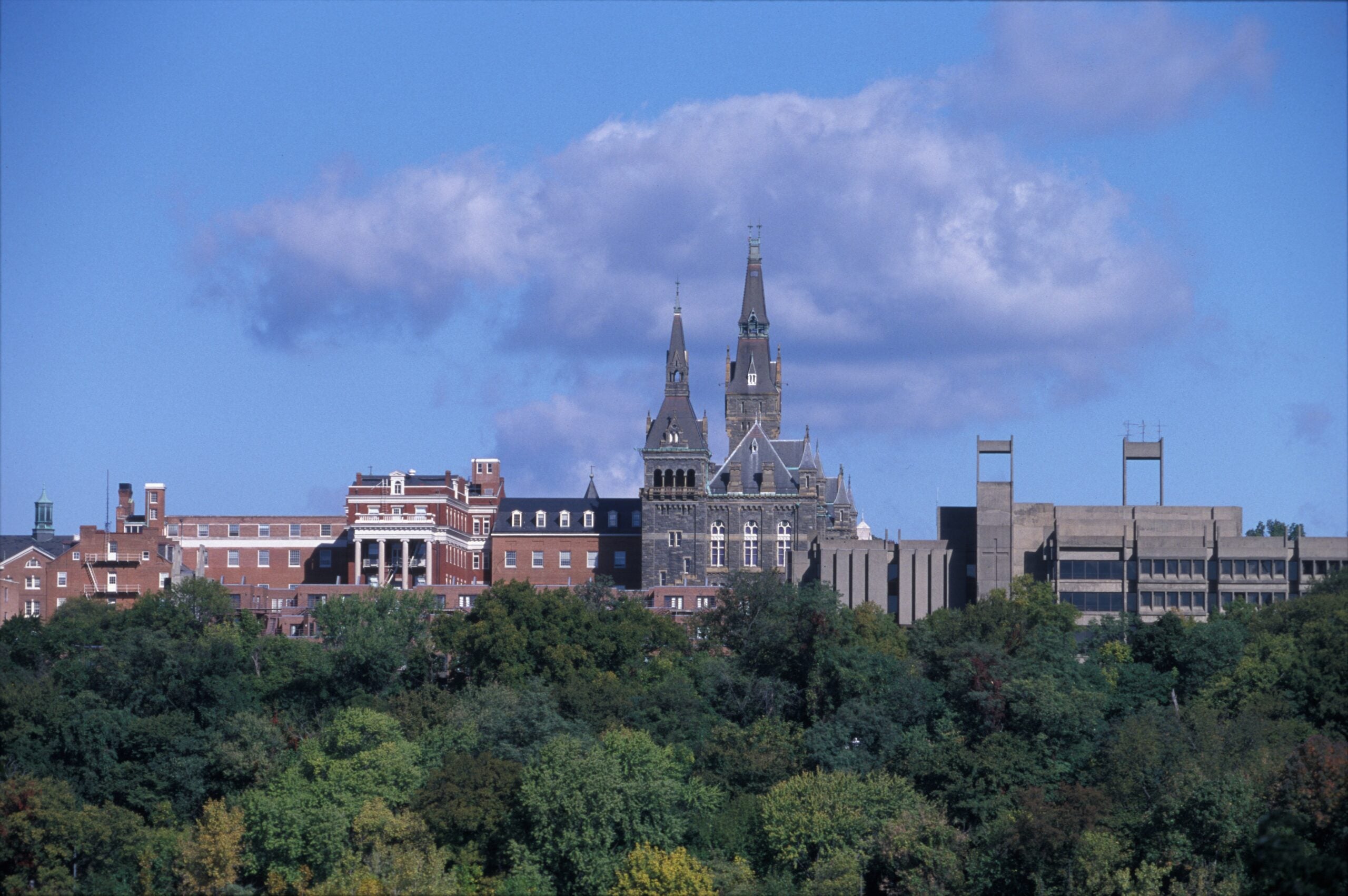 Georgetown University skyline in the spring, featuring Healy Hall in the center.