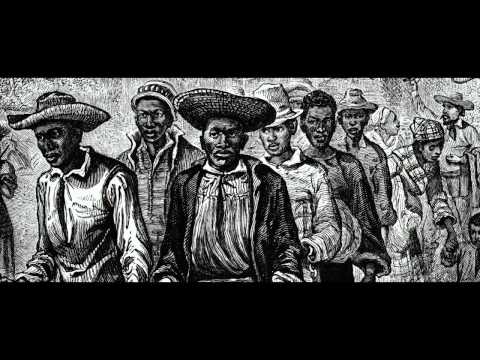 Black and white illustration of a group of black men and women, circa the US in the 1800s.